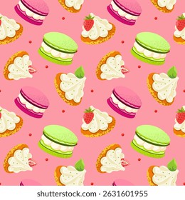 Desserts pattern. Includes illustrations of macarons and mini cakes with whipped cream, strawberry toppings, mint leaves and cream swirls. Flat vector style, textured details, dessert themed surface