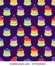 Desserts pattern seamless. cake piece in plate background. Blueberries and cherries. Strawberries and blackberry Sweets vector texture