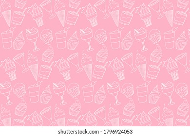 Desserts pink color lineart doodle seamless pattern isolated on white background