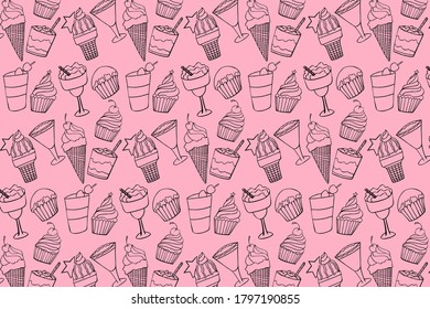 Desserts pink color lineart doodle seamless pattern isolated on white background