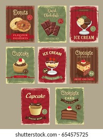 Desserts price cards in retro vintage design. Vector menu posters set of cakes and donuts, ice cream and chocolate cakes or pies, tiramisu torte and fruit biscuits for bakery shop or cafeteria