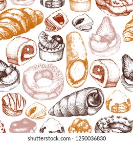 Desserts Seamless pattern. Breakfast Pastries and Brownies background. Hand drawn baked products illustration. Vintage food sketches for cafe or bakery menu design.