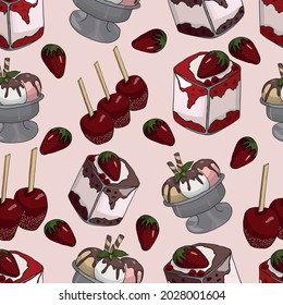 desserts seamless pattern cake ice cream apples in caramel strawberry