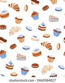 Croissant, macaroon, eclair, cupcake, galleta, chocolate. Ilustración vectorial de fondo, estilo plano. Diseño Textil Estampado, Embalaje, Accesorios de cocina o papelería