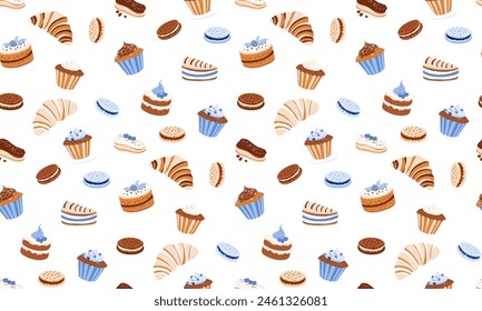 Desserts Seamless Pattern croissant, macaroon, eclair, cupcake, biscuit, chocolate. Background Vector illustration, flat style. Design Textile Print, Packaging, Kitchen Accessories or stationery