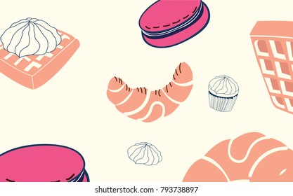 desserts seamless pattern with cupcake, waffle, croissant and macaron. Food background with cafe assortment.