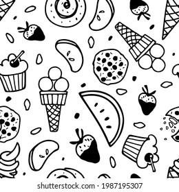 Desserts seamless pattern. Different kinds of sweets. Ice cream, pastries, fruits, sweetness. Kitchen, cafe, store, menu background. Texture for fabric, wrapping, wallpaper. Birthday, holidays print