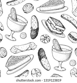 Desserts seamless pattern. Food illustration. Italian sweets. Hand drawn sketch. Menu design template.