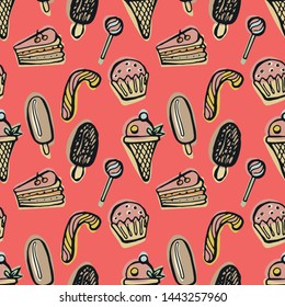 Desserts seamless pattern. Hand drawn doodle vector pink background.
