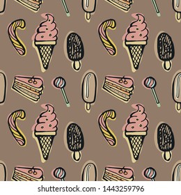 Desserts seamless pattern. Hand drawn doodle chocolate vector color background.