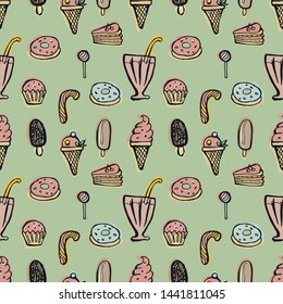 Desserts seamless pattern. Hand-drawn multicolored doodle vector illustration