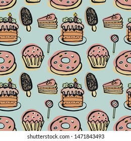 Desserts seamless pattern on a blue background. Hand-drawn vector illustration retro style.