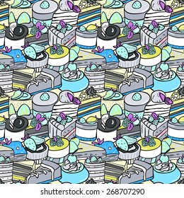  Desserts seamless pattern. Vector pictures of different delicious pastries and cakes. Cartoon image. Pastel colors.