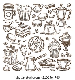 Desserts served with coffee beverage, donut and cupcake with cream, tart with cheese and strawberry. Pudding and chocolate macaroons, latte or espresso to go. Monochrome sketch outline, vector