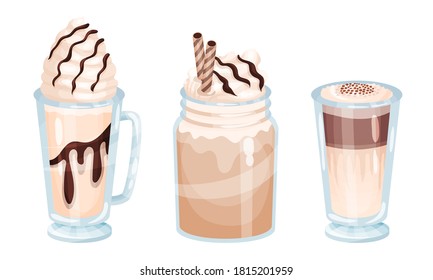 Desserts Served in Glass with Chocolate and Whipped Cream Vector Set