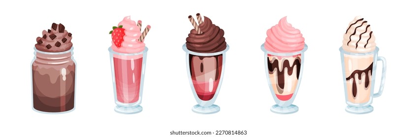 Desserts Served in Glass with Chocolate and Whipped Cream Vector Set