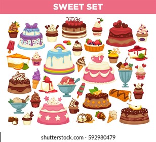 Desserts set of cupcakes, pies and pastry sweets. Chocolate ice cream and fruit muffins, brownie and cheesecake and wedding or birthday cakes. Vector isolated icons for patisserie and cafe menu