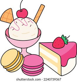 Papel de postres conjunto helado macaron y tarta Icono ilustración de elemento