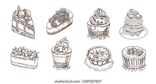 Desserts set  isolated on white background. Vintage Illustration.  Hand drawn sketch of Delicious Cupcakes and cakes With cream and berry tops, pancakes with berries and syrup, tartlets. 