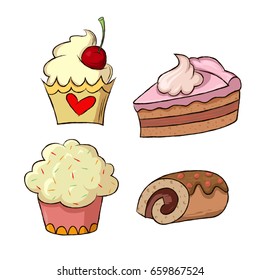  desserts, set of sweet cakes, vector illustration