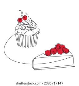 Desserts set vector. Hand drawn illustration. Red cherry cake cheesecake cupcake muffin line continuous drawing. Graphic print, banner, card, logo, sign, bakery symbol, menu, icon. 