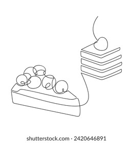 Desserts set vector. Hand drawn food illustration. Сherry cake cheesecake cupcake muffin line continuous drawing. Cooking print, cafe banner, card, logo, sign, bakery symbol, menu, icon.