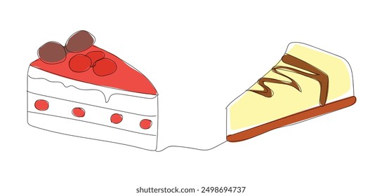 Desserts set vector. Hand drawn food illustration. Сherry cake cheesecake cupcake muffin line continuous drawing. Cooking print, cafe banner, card, logo, sign, bakery symbol, menu, icon.