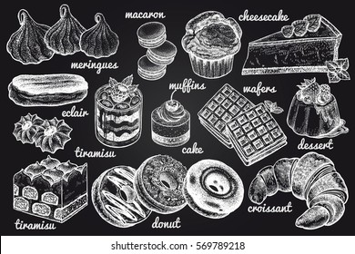 Desserts set. Vector illustration art. Sweets, cakes, biscuits, bread, baking, cookies and pastries hand drawing white chalk on a blackboard. Food vintage style.