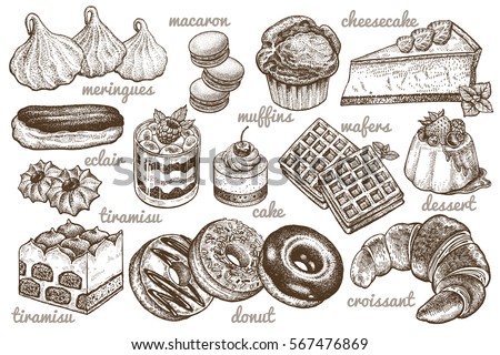 Desserts set. Vector illustration. Cakes, biscuits, baking, cookies, pastries, eclair, muffin, cheese cake, waffles, donuts, croissant, meringue hand drawing on white  background. Food vintage style.