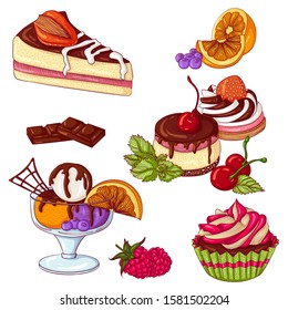 Desserts set. Vector illustration isolated on a white background. Set of cupcake, ice cream, cake. Design for stickers, icons, menus, cookbooks.