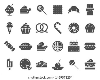 Icono de silueta de postres. Pasteles dulces de muffin, helado de postre y pastel de chocolate. pastel de bodas o cumpleaños, muffin de pastelería, donut y logotipo de cruasán. Conjunto de iconos vectoriales aislados