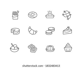Postre un icono de línea delgada simple conjunto de ilustración vectorial. Chocolate, donut, tarta, dulces, tarta, cruasán, macarón, bolas de helado, gelatina, gofres, quequitos.