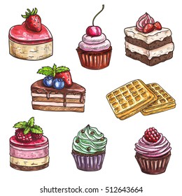 Desserts sketch. Isolated vector cakes with fruits and berries, chocolate muffin, creamy pie, souffle cupcake, crispy wafers, sweet mousse for dessert menu of bakery shop, cafe, cafeteria, patisserie