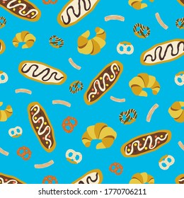 Desserts snacks pretzel, beaver tail, croissant, churro, chocolate, nutella, peanut butter, smarties, sweet, white chocolate, sugar seamless pattern for fabric, textile, wrapping paper, wallpaper