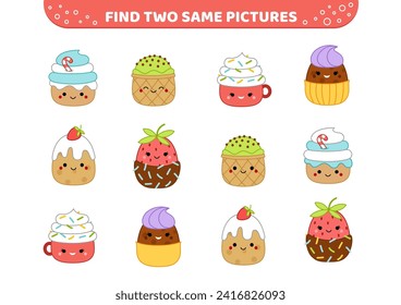 Desserts squishmallow characters. Find two same pictures. Educational game for kids with cake, chocolate strawberry, ice cream, cupcake, dessert. Spot two identical pictures. Cartoon, kawaii. Isolated