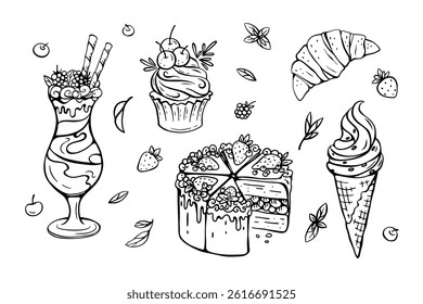 Sobremesas e doce vetor de padaria definido no fundo branco. Bolo de camada de creme, milkshake, sorvete, croissant, desenho contorno de cupcake. Elementos gráficos desenhados à mão para impressões de cozinha e design de menu.
