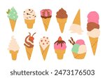 Desserts, sweet eating set. Yummy street food, confectionery snacks. Cone waffle with filling, icecream balls in cup, ice-cream in cone. Flat vector illustrations isolated on white background