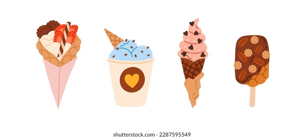 Desserts, sweet eating set. Yummy street food, confectionery snacks. Bubble waffle with filling, icecream balls in cup, ice-cream in cone. Flat vector illustrations isolated on white background