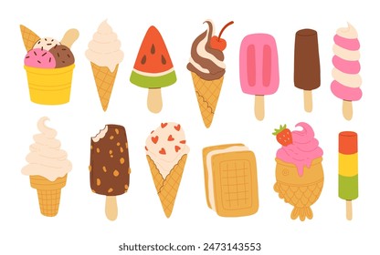 Desserts, sweet eating set. Yummy street food, confectionery snacks. Cone waffle with filling, icecream balls in cup, ice-cream in cone. Flat vector illustrations isolated on white background