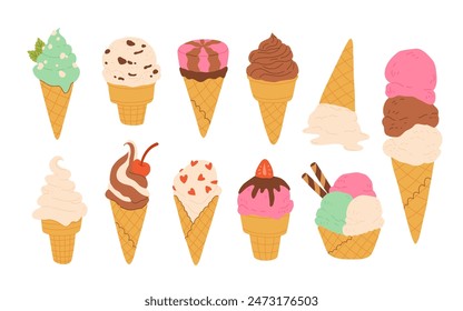 Postres, juego de comidas dulces. Deliciosa comida callejera, bocadillos de confitería. Gofre de cono con relleno, bolas de helado en taza, helado en cono. Ilustraciones vectoriales planas aisladas sobre fondo blanco