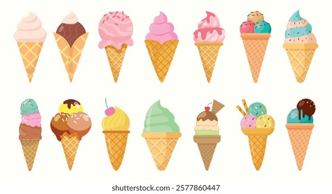 Desserts, sweet eating set. Yummy street food, confectionery snacks. Cone waffle with filling, icecream balls in cup, ice-cream in cone. Flat vector illustrations isolated on white background