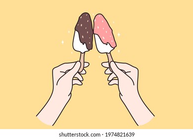 Desserts and sweet food concept. Human hands holding together ice creams with nuts and chocolate glaze over yellow background vector illustration 