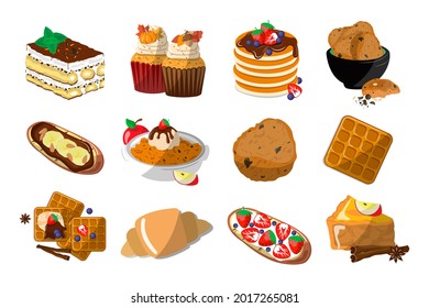 Desserts, sweet pastries set. Tiramisu, croissants, pancake, muffin, waffle, oatmeal cookies, bruschetta, apple pie, crumble on white background, collection