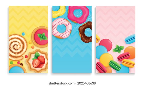 Desserts sweets 3 background cards posters set with doughnuts biscuit roll slices strawberry cake macarons vector illustration