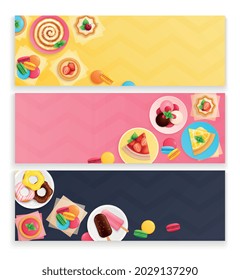 postres dulces 3 banderas horizontales de fondo enmarcadas con doughnut tarta de fresa helado macarons variada ilustración vectorial