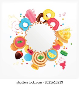 Desserts sweets cafe confectionary appetizing festive circular background with lemon cake chocolate covered strawberries doughnuts vector illustration