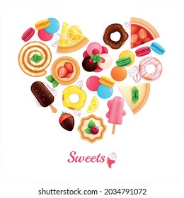 Desserts sweets cafe confectionary heart shaped advertising composition with ice cream chocolate covered strawberries doughnuts vector illustration