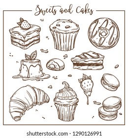 Desserts sweets and cakes isolated vector dishes food cupcake with chocolate crumbs donut in glaze croissant and macaroons strawberry in cream muffin pastry or bakery products monochrome sketches.