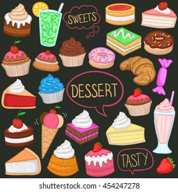 Desserts and Sweets Color Blackboard Doodle Icons Hand Made vector illustration sketch.