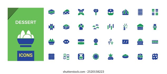 desserts and Sweets color icon set. Containing candy, lollipop, ice cream, cookie, cake, sugar and more. colorful Vector solid icons collection.